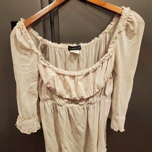 BEBE TAN OFF SHOULDER TAN SHIRT (MEDIUM)